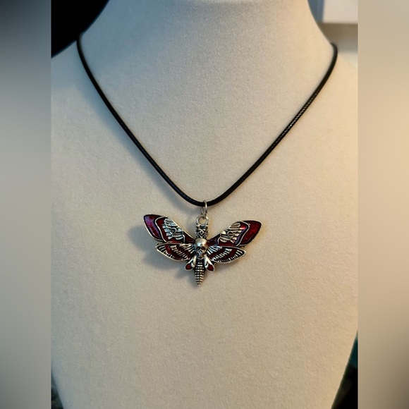 Moth Skull Gothic Necklace Black Leather Cord Choker Necklace Adjustable New - Picture 4 of 5